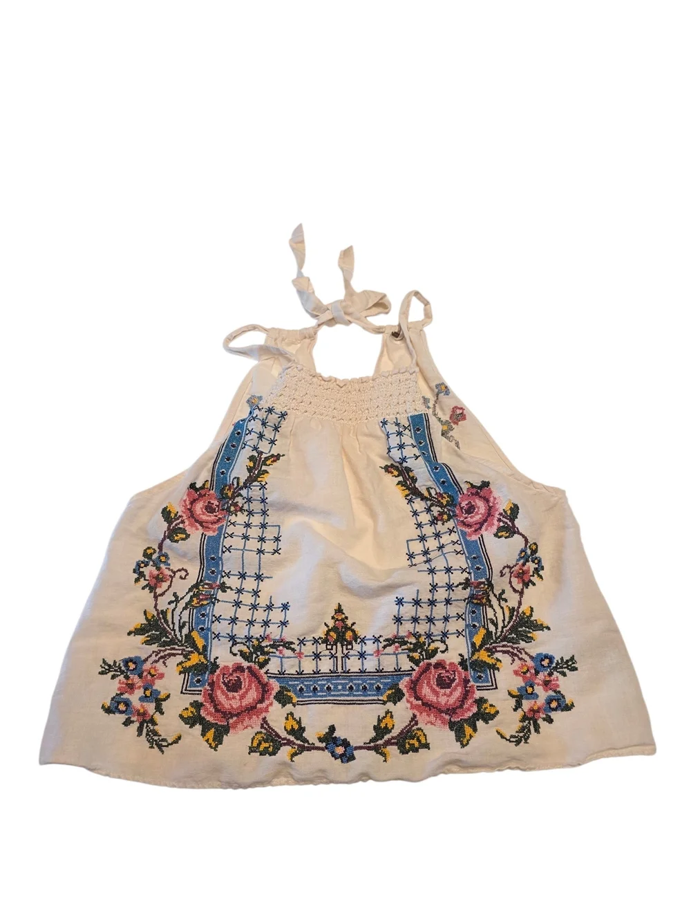 Free People XS Honey Pie Cream Halter Crop Top with Pink Rose Embroidery